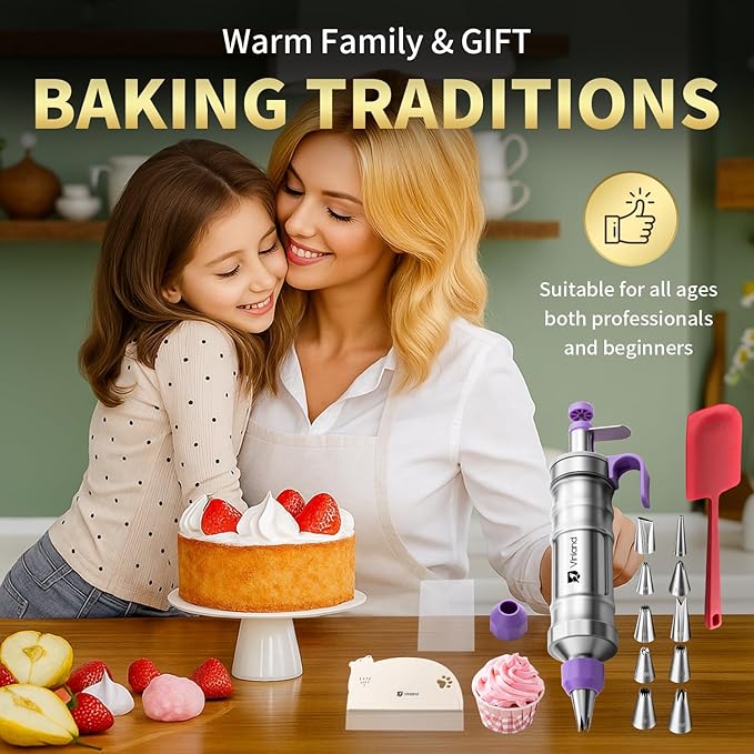 Dessert Decorating Syringe Set icing piping kit Stainless Steel frosting piping kit with 31 professional piping tips 50 disposable piping bags 1 silicone spatula 1 set of soft cake scrapers, Purple