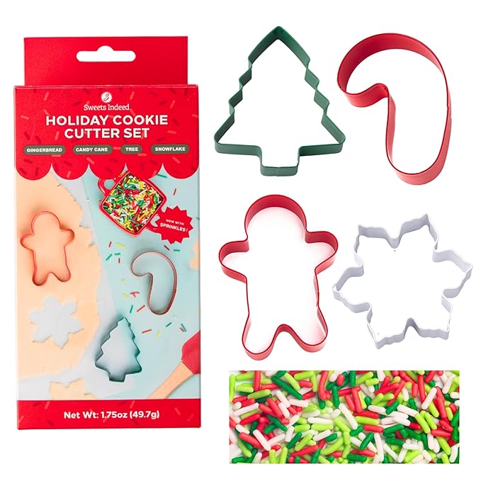 Sweets Indeed Holiday Cookie Cutter & Sprinkle Set – 4-Pack | Gingerbread, Snowflake, Candy Cane & Tree Cookie Cutters with 1.5 oz Christmas Sprinkle Mix | Holiday Baking Kit