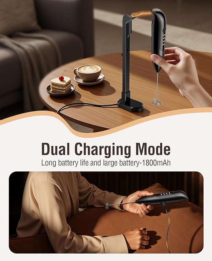 Electric Milk Frother Handheld: Rechargeable 3 Heads 3 Speeds Portable Stainless Steel Drink Foam Mixer with LED Digital Display for Milk Coffee, Lattes, Cappuccino, Matcha