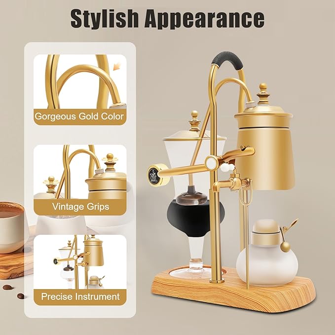 Siphon Coffee Maker, 400ml/13.53oz Manual Extract Coffee and Brew Tea Tool, Belgian/Belgium Retro Coffee Brewer with Alcohol Burner, Commercial/Domestic Balance Vacuum Coffee Pot, 9.3*4.7*14.96in Gold