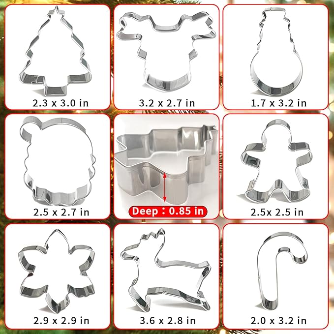 Christmas Cookie Cutters Set 8Pcs, Stainless Steel Fondant Cutter Sturdy Metal Biscuit Doubt Cutter, Cute Shapes Santa Claus Christmas Cane Tree Elk Snowflakes Snowman