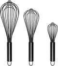 TEEVEA Silicone Whisk Set of 3 Non Scratch Non Stick Silicone Coated Stainless Steel Wire Whisks Heat Resistant 480°F Kitchen Wisk for Cooking Blending Whisking Tool Black