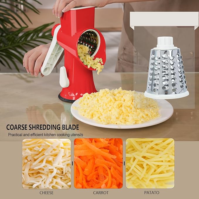 Rotary Cheese Grater with Handle-Versatile Cheese Grater Non-Slip Suction Base,Cheese Shredder & Food Slicer for Cheese,Carrots, Cucumbers,Nuts-Compact & Easy Clean Kitchen Kitchen Tool (red)