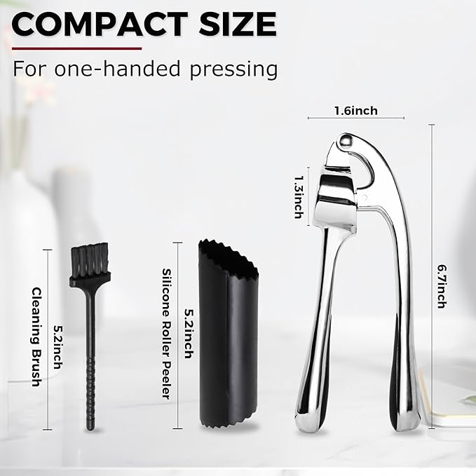 Kitessensu High Effective Premium Garlic Press Set, With Silicone Garlic Peeler & Brush, Heavy Duty Garlic Mincer, Easy to Squeeze and Clean, Rust Proof & Dishwasher Safe - Gloss Silver