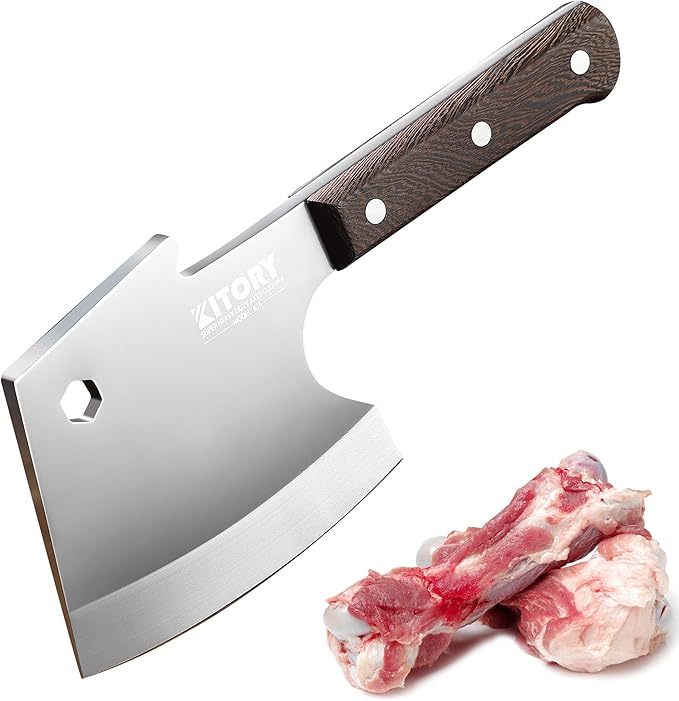 Kitory Meat Cleaver, Heavy Duty Bone Chopper Cleaver Knife, Full -Tang Axes Shape Super thick Blade, Bone Breaker, Butcher’s Kitchen Knife for Meat Cutting, Black Wenge Wood Handle -2025 Gifts
