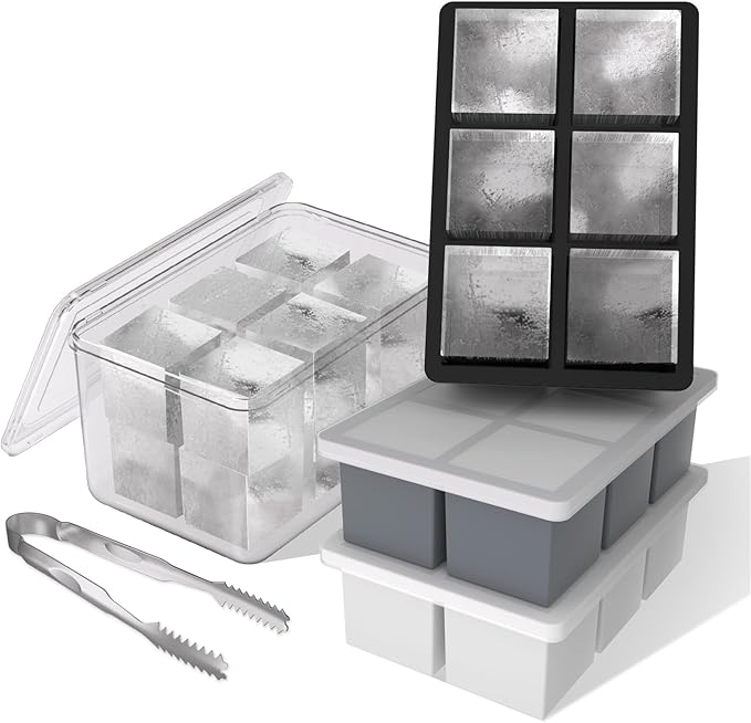 Samuelworld Large Ice Cube Tray with Lid and Bin: 2 Inch Silicone Old Fashioned Ice Cube Mold with Lid and Bin, Big Square Ice Cube Maker for Whiskey-3 Color (With Ice Tong)