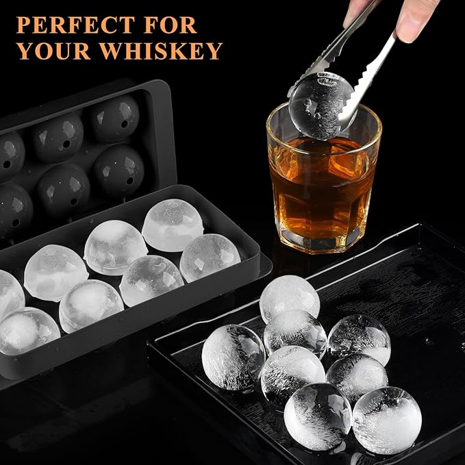 Round Ice Cube Mold,8 PCS x 1.8 in Whiskey Ice Cubes,Circle Ice Cube Tray with Lid,Large Ice Ball Maker Mold Sphere Ice Cube,Large Ice Cube Molds for Cocktails,Coffee(Round Ice Cube Mold,Black
