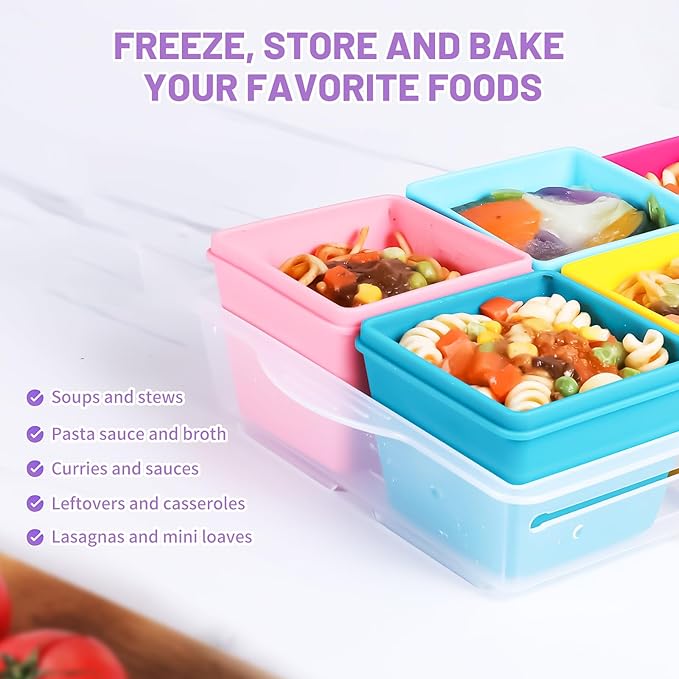 Gemice BPA-Free Silicone Freezer Molds with Base, Individual 6-Pack 1-Cup & 2-Cup Portion Soup Cubes Freezer Tray with Lids for Food Storage, Dishwasher Safe, Silicone Freezer Containers for Meal Prep