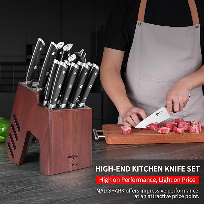 MAD SHARK Knife Set, 17 Pieces Kitchen Chef Knife Set with Block, Precision Forged High Carbon Stainless Steel Ultra Sharp Knives Block Sets, Home Cooking Perfect Cutlery Set Gift Box