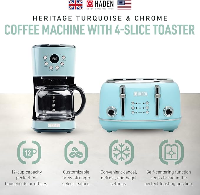 Haden 12 Cup Programmable Drip Coffee Maker Coffee Machine Bundled with Heritage 4 Slice Wide Slot Stainless Steel Toaster, Turquoise & Chrome