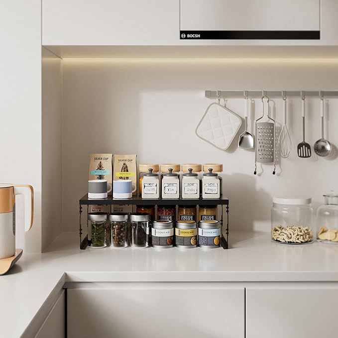 Stackable Expandable Metal Shelf Organizer - Adjustable Wire Storage Rack with Holes for Kitchen, Bathroom, Cabinet, Office - Space Saving, Durable & Sturdy Design（2PACKS/Medium/Black