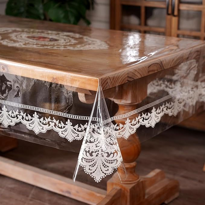 Waterproof Clear Table Cover Protector, Vinyl Rectangle Table Cloth with Lace Pattern Oil Spill Proof Wipe Clean Plastic Tablecloths for Dining Tables (French Lace, 52 x 70 Inches)