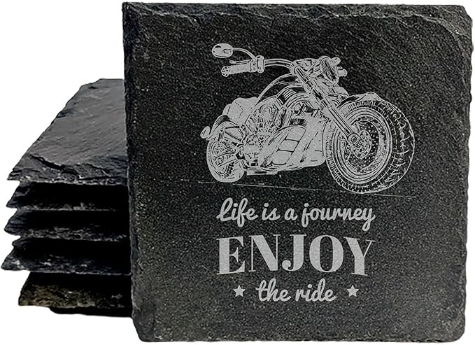 The Open Road Awaits: Motorcycle Coasters with Inspirational Quote - Square Slate - Set of 4