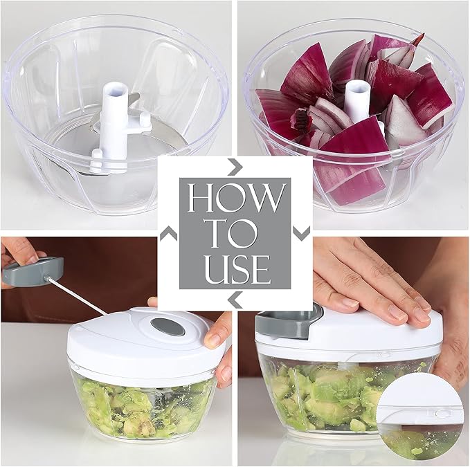 Ourokhome Manual Food Processor Vegetable Chopper, Portable Hand Pull String Garlic Mincer Onion Cutter for Veggies, Ginger, Fruits, Nuts, Herbs, etc., 500ml, White