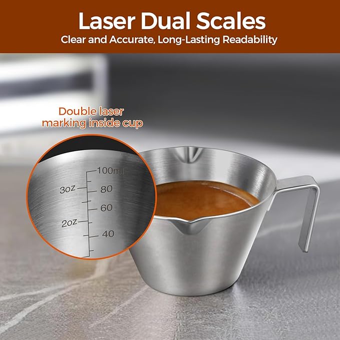 3Pcs Stainless Steel Espresso Cups, Double Spout Metal Espresso Measuring Cup with Handle, Dual Scale Espresso Pouring Cup with V-Shaped Mouth, 3.4oz/100ml (Silver)
