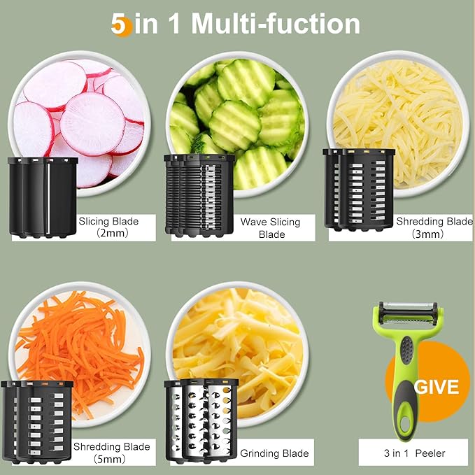 Electric Cheese Grater, 5 in 1 Salad Maker with Stainless Steel Blades, 250W Electric Food Slicer & Shredder, Electric Salad Machine for Cheeses, Fruits, Potatoes, Carrots