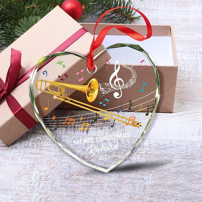 Personalized Trombone Instrument Glass Hanging Xmas Ornament, Customized Text Year Name Trombone Lover Christmas Ornaments Gift for Women Men Daughter Son Friends Besties, Unique Trombones Ornament