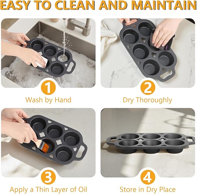 6 Cup Cast Iron Muffin Pan - Pre-Seasoned Nonstick Muffin Tin, Regular Size Cupcake Baking Pan