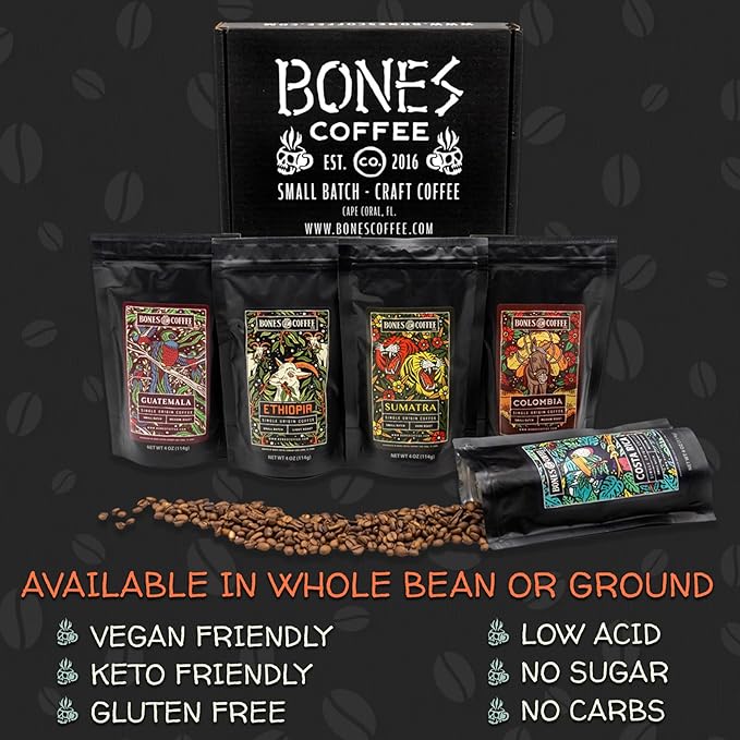 Bones Coffee Company NEW World Tour Sample Pack Box Set with Specialty Coffee Mug, 5 Assorted Single-Origin Low Acid Medium Roast Arabica Beans Flavored Coffee Gifts, 4 oz Pack of 5 Whole Bean