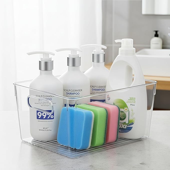 Clear Pantry Organizer Bins, Storage Containers & Plastic Containers with Handle, Cabinet Organizer, Home Organization Must Haves for Kitchen, Laundry Room, Office, Closet & Freezer (6 Pack)
