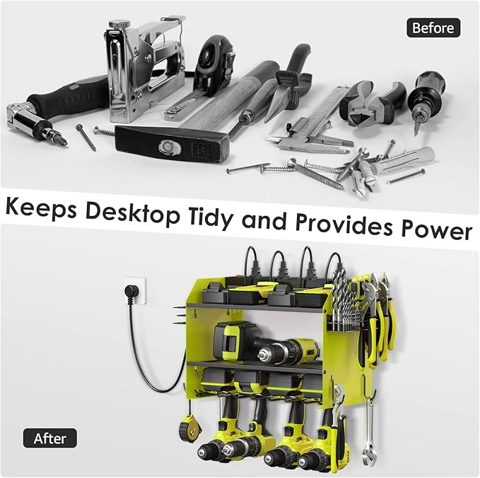 CCCEI Modular Power Tool Organizer Wall Mount with Charging Station. Garage Drill Storage Shelf with Hooks, Heavy Duty Rack, Tool Battery Holder Built in 8 Outlet. Gift for Men. Green, 2 Pack.
