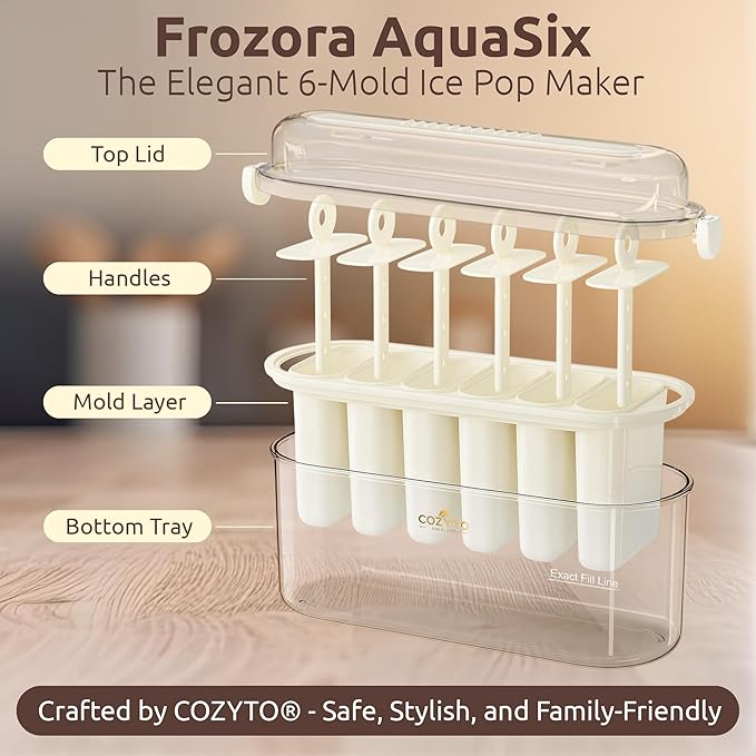 Frozora AquaSix – Premium 6-Mold Popsicle Maker Set (120ml Each) with Anti-Spill Lid, Easy Release Tray & Drip-Free Handles | BPA-Free Ice Pop Molds for Kids & Adults | COZYTO