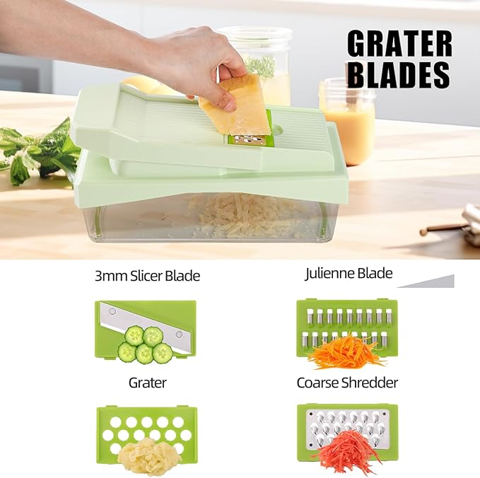 RüK 10-in-1 Vegetable Chopper – 6 Blade Veggie Chopper with Container, Food Dicer, Onion Cutter, Cheese Grater, Mandoline Slicer, Kitchen Gadgets & Home Essentials (Green)