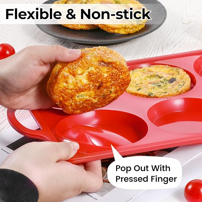 CAKETIME Muffin Top Pan Non Stick, 4 Inch Metal Frame Round Silicone Egg Baking Pan for Oven English Muffins, Whoopie Pies, Corn Bread, Egg Bites, Breakfast Sandwiches Tarts 3 Pack Red