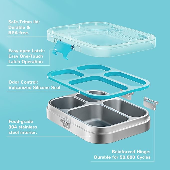 G.a HOMEFAVOR Kids Stainless Steel Lunch Box - 4-Compartment Bento Box with Locking Lid, One-Touch Latch, Leakproof Food Container for School, Travel, 800 ml, Blue