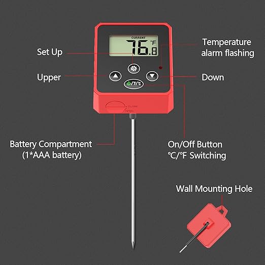 Digital Candy Thermometer with Pot Clip, Backlight LCD, 8" Long Probe, Temperature Alarm, ℃/℉ Switch, Instant Read Kitchen Thermometer for Cooking, Baking, and Candy Making
