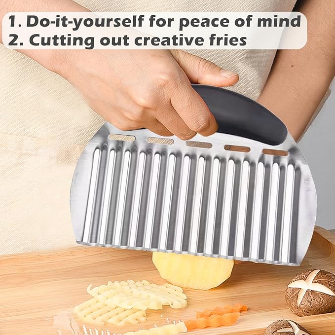 JAYVAR Large Crinkle Cutter French Fry Cutter, Large Crinkle Potato Slicer Wavy Chopper, Stainless Steel Wavy Slicer Crinkle Cutting Chopping Tools with Handle for Carrot Vegetable