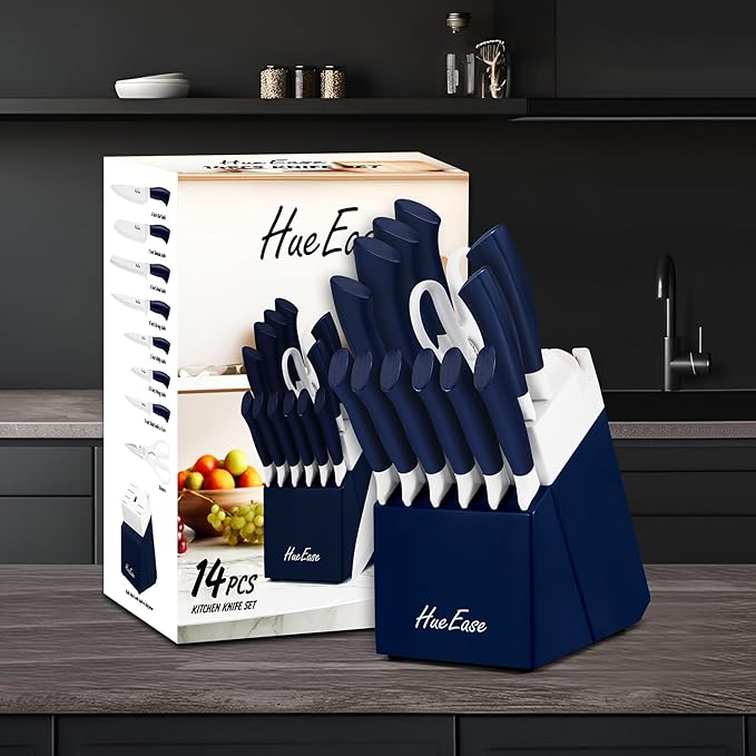 Kitchen Knife Set with Block and Build-In Sharpener,14-Piece German High Carbon Stainless Steel Knives Sharp Blade, Dishwasher Safe (14pcs-blue with white ceramic coating)