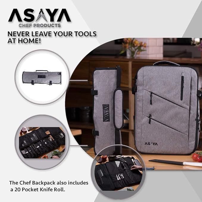 Asaya Chef Knife Backpack with 20 Pocket Knife Roll Bag - Over 30 Pockets for Knives - Knives Not Included (Grey)