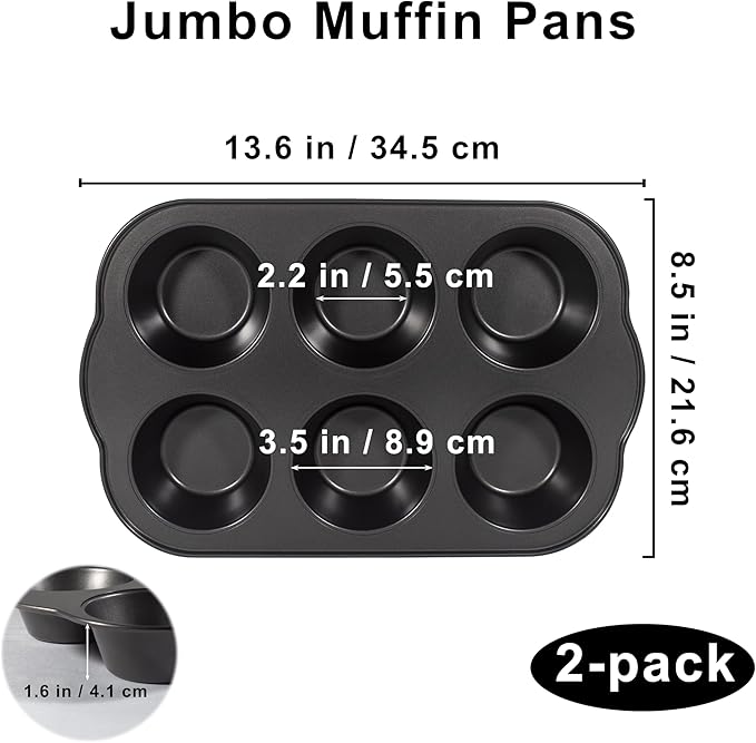 Non-Stick Jumbo Muffin Pans, 3.5" 6-Cup Set of 2 Baking Pans, Heavy Duty Carbon Steel Tins for Extra-large Muffins & Cupcakes