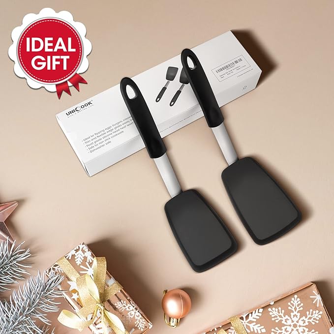 Unicook Flexible Silicone Spatula Turner 2 Pack, 600°F Heat Resistant Spatula for Nonstick Cookware, Essential Kitchen Cooking Utensil for Flipping Eggs, Burgers, Crepes and More, Small and Medium