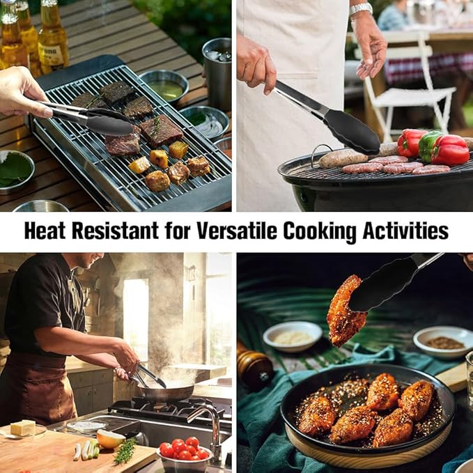 Kitchen Tongs 2 Pcs Tongs for Cooking Black Silicone Tongs 7 Inch 9 Inch Stainless Steel Locking Food Tongs with Silicone Tips Heat Resistant Serving Tong for BBQ Food Grilling Salad Kitchen Utensils