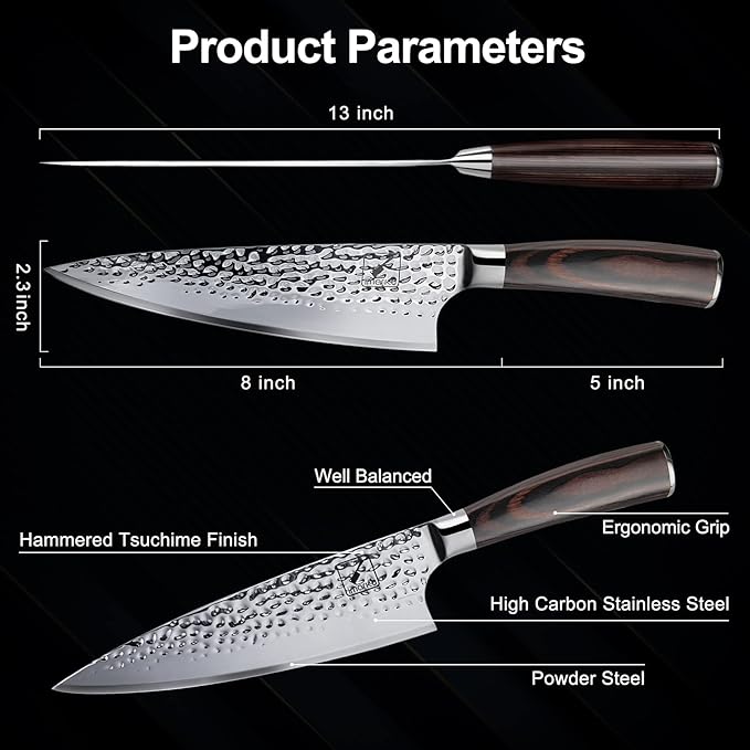 imarku Damascus Chef Knife, 8 Inch Kitchen Knife Ultra Sharp Cooking Knife HC German Stainless Steel Japanese Knife for Kitchen, Hand-Hammered Design, Ergonomic Handle, Christmas Gifts for Women Men