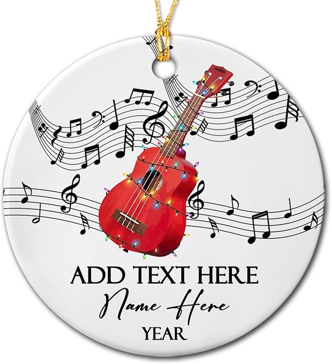 Custom Ukulele Musical Ceramic Xmas Tree Ornament with Name Text Year, Personalized Ukulele Instrument Ornaments Gift for Women Men Friends Husband Wife, Ukulelist Ukuleles Ceramic Christmas Ornament