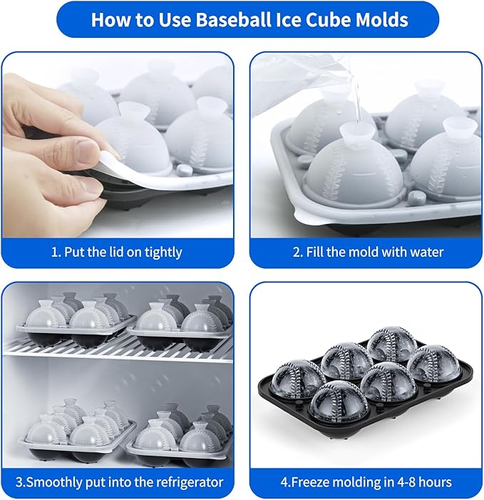 6 Chamber 2.2" 3D Baseball Gifts Ice Cube Tray With Funnel,Large Round Ice Ball Maker Mold Silicone Fun Shapes Bourbon Sphere Ice Molds,For Chilling Whiskey,Cocktails,Bourbon,Brandy and Beverages