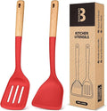 Silicone Wok Spatula Turner Set, Perfect for Scooping, Flipping, Lifting Pancakes and Picking up Veggies, BPA-Free Matte Silicone, Wooden Handles, Safe for Nonstick Cooking Surfaces (Red)