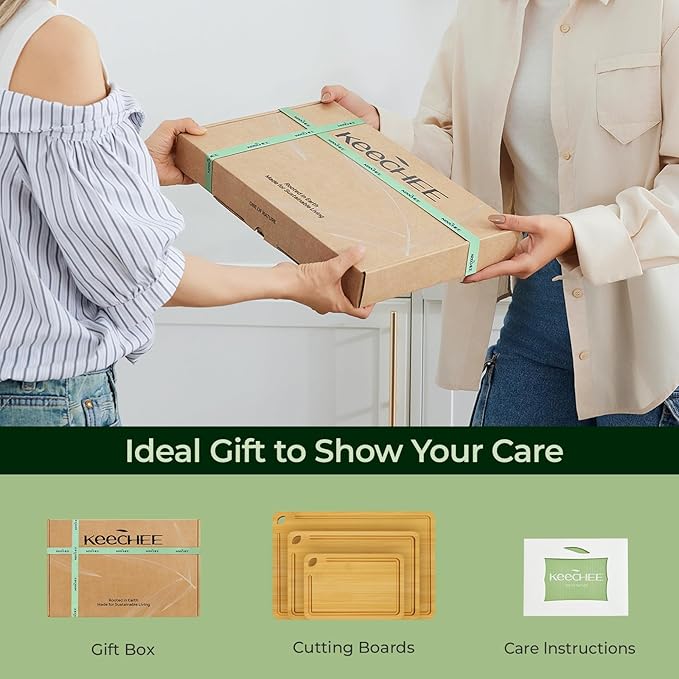 Wood Cutting Board for Kitchen - Reversible Bamboo Cutting Boards Gift Set of 3 with Juice Groove, Wooden Chopping Board for Meat, Fruit, Vegetables & Cheese (Pre Oiled, Natural)