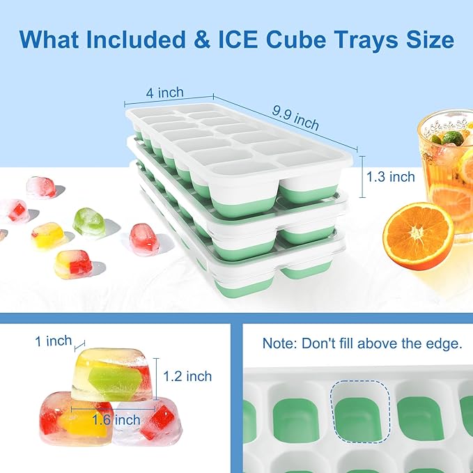 Ice Cube Tray with Lid, 3 Pack Silicone Easy-Release Ice Trays for Freezer, Stackable Ice Cube Molds for Drinks, Cocktails, Whiskey, Coffee - BPA-Free and Odor-Free