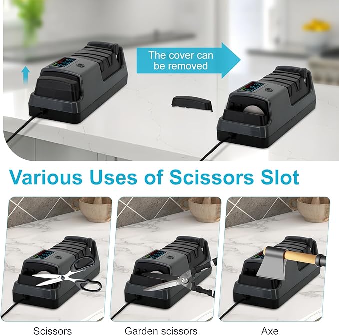 5 in 1 Electric Knife Sharpener with LCD Screen, 3 Rotational Speed Adjustable, 100% Diamond Abrasives, Electric Knife Sharpener for Straight, Serrated, Meat Cleaver, Ceramic Knives & Scissors, Gray