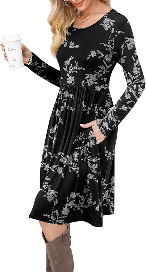 DB MOON Women Casual Long Sleeve Dresses Empire Waist Knee Length Loose Dress with Pockets