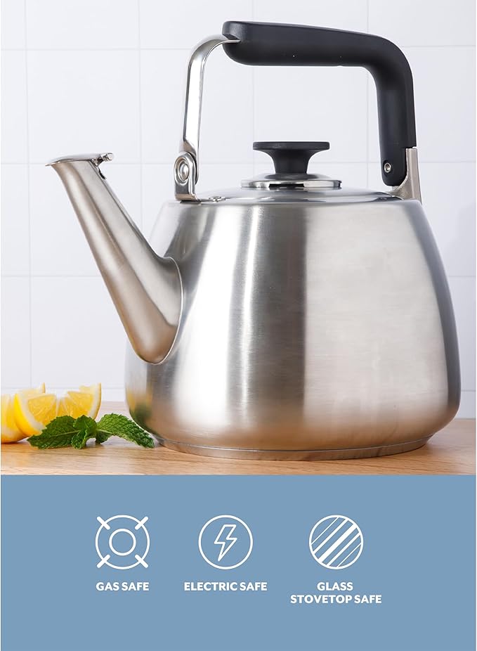 Sur La Table Kitchen Essentials 2 Qt Heavy Gauge Brushed Stainless Steel Whistling Tea Kettle – Durable Stovetop Kettle