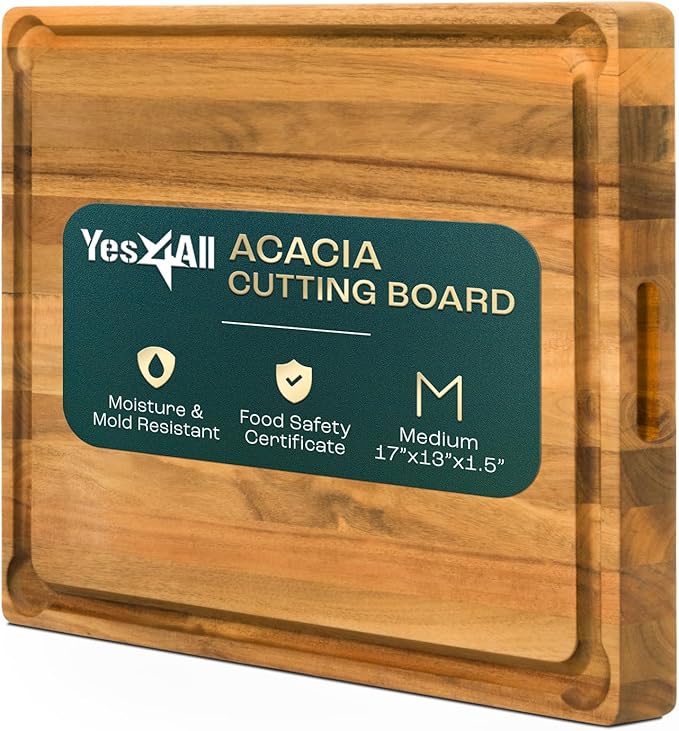 Yes4All Durable Acacia Cutting Boards for Kitchen, [17''Lx13''Wx1.5” Thick] Medium Edge Grain Cutting Board, Pre Oiled Wood Cutting Boards, Thick Chopping Board w/Juice Grooves and Easy Grip Handle