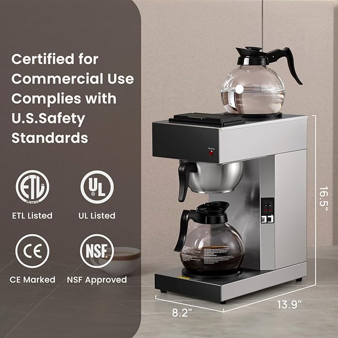 SYBO 12-Cup Commercial Drip Coffee Maker, Pour Over Coffee Maker Brewer with 2 Glass Carafes and Warmers, Stainless Steel Cafetera SF-CB-2GA