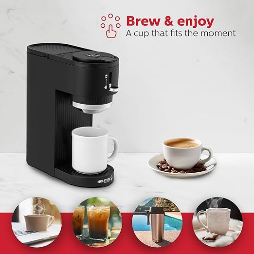 Holstein Housewares 2-in-1 Single Serve Coffee Maker, Dual Brew, Compatible with K-Cup Pods & Ground Coffee, Reusable Filter Included, Compact Drip Coffee Machine, 14oz Tank, Fits Most Cups - Black