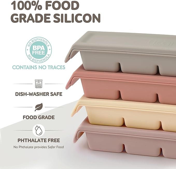 Silicone Freezer Trays with Lid,1.7oz 4 Section 4 Sets-Leak Proof Silicone Freezer molds for Homemade Baby Food Breastmilk, Purees, Vegetables, Baby Food Jars Ice Tray with Lid BPA Free Mix