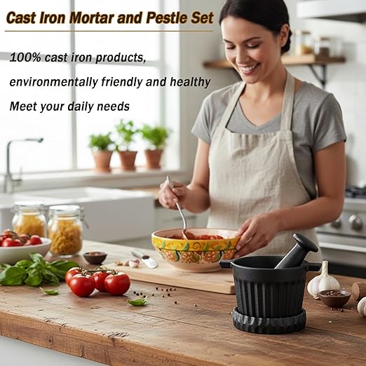 UKEMEN Cast Iron Mortar and Pestle Set, 3-Piece Small Garlic Grater Plate with Brush and Scoop, Heavy Duty Muddler and Bowl Grinder Set Perfect for Guacamole/Spices/Herbs/Solid/Metal/Glass/Rock